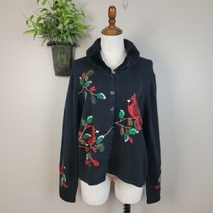 Tiara International Christmas Cardinal Beaded Fur Collar Black Cardigan Sweater